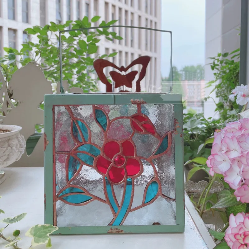 

Vintage Stained Glass Decorative Metal Frame Garden Lantern, Rustic Home Decor Storage Container