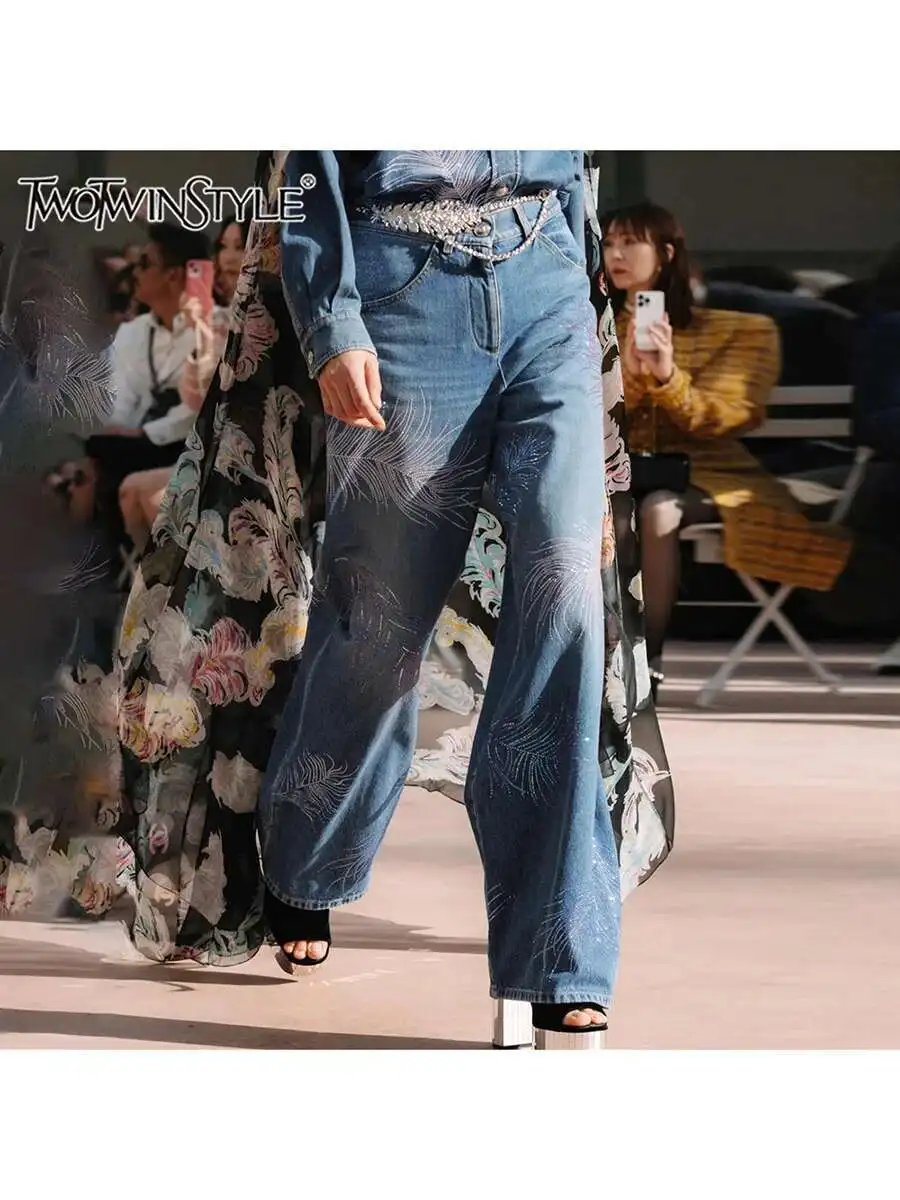 

TWOTWINSTYLE Hit Color Printing Loose Pants For Women High Waist Temperament Designer Wide Leg Pant Female Fashioon Style New