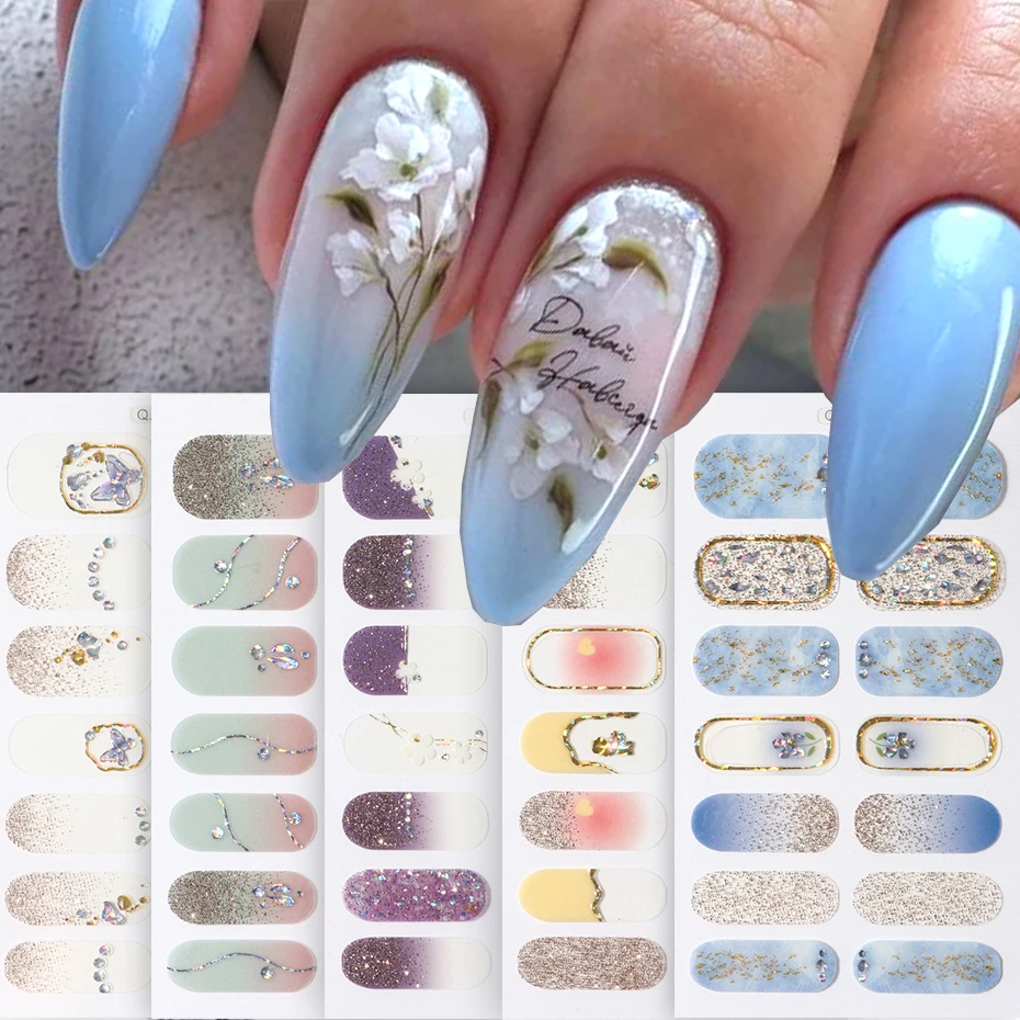 Glitter Flowers Spring Design Semi-cured UV Gel Nail Sticker Full Cover UV/LED Lamp Required Gel Nail Strips Press On Nail Decal