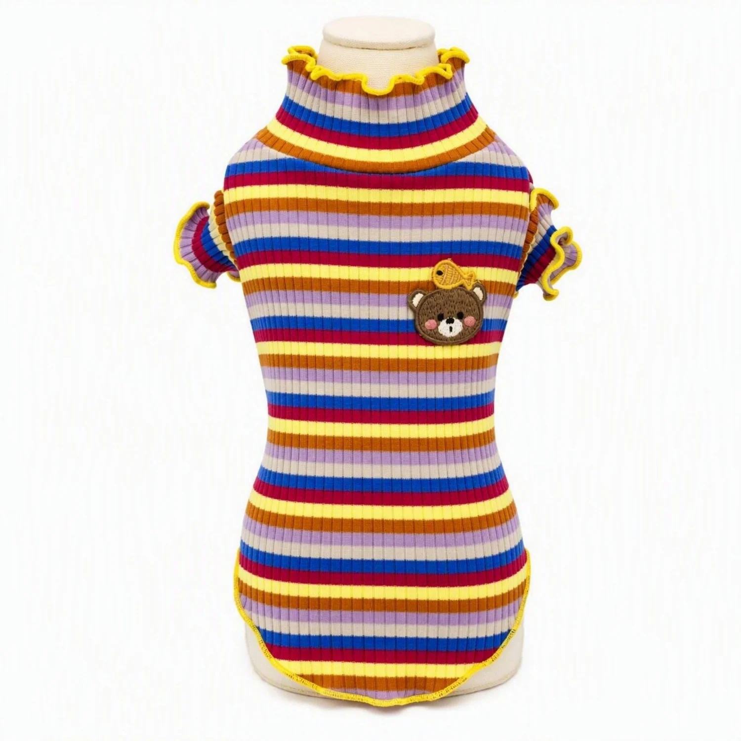 Gestreiftes Strick-Hundehemd mit niedlichem Bärenmotiv, Haustierkleidung, weiches geripptes Welpen-Outfit für Bichon Frise und Teddy. – Detail 2
