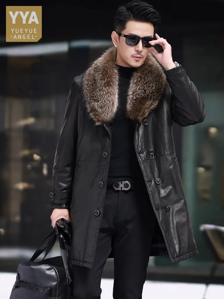 Winter New Mens Real Mink Fur Lining Cowhide Genuine Leather Jacket Mid Long Double Breasted Business Man Work Warm Overcoat 6XL