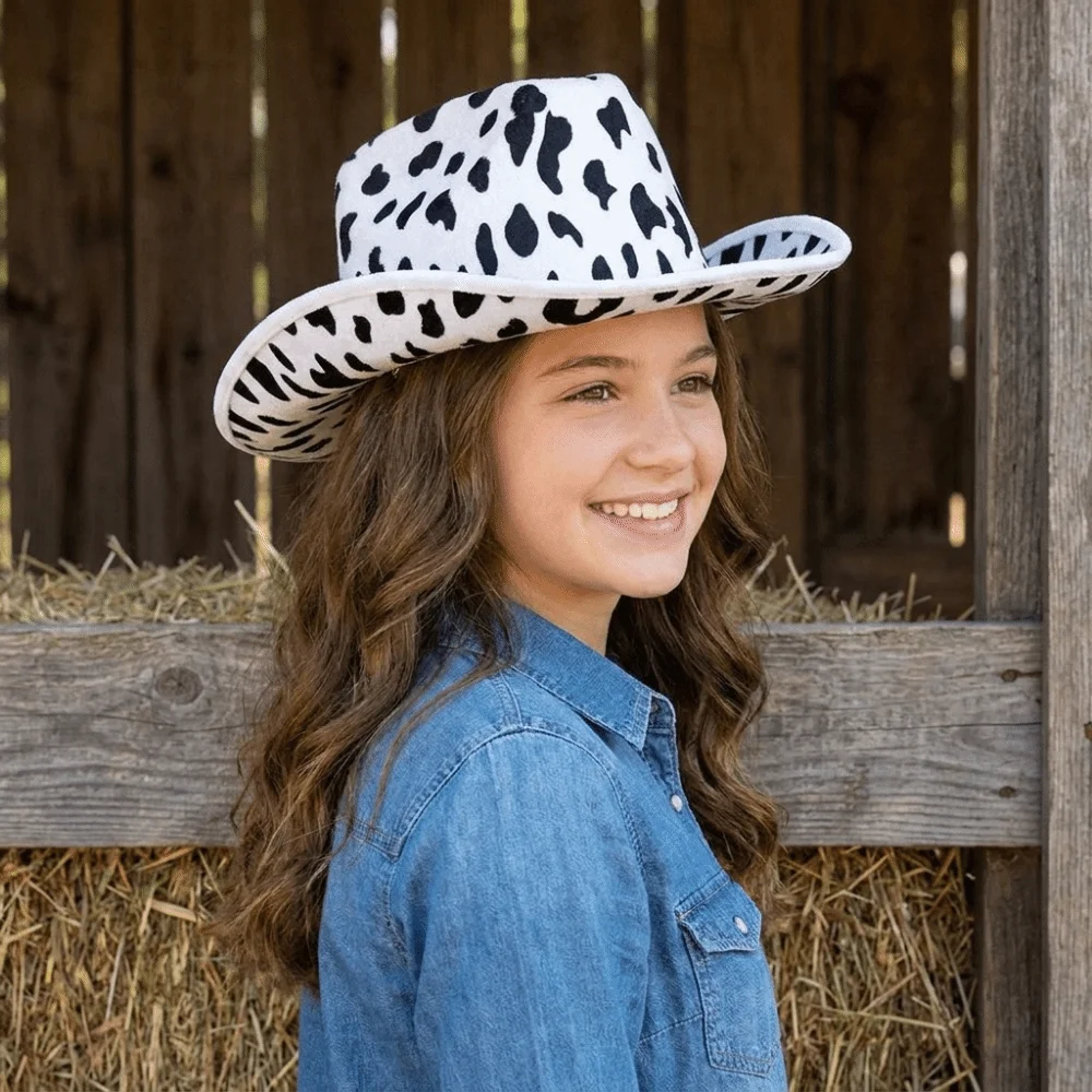 Cool Cow Printed Bowler Hat Leopard Printed Windproof Western Cowboy Hat Drawstring Adjustable Cowgirl Hat Prom