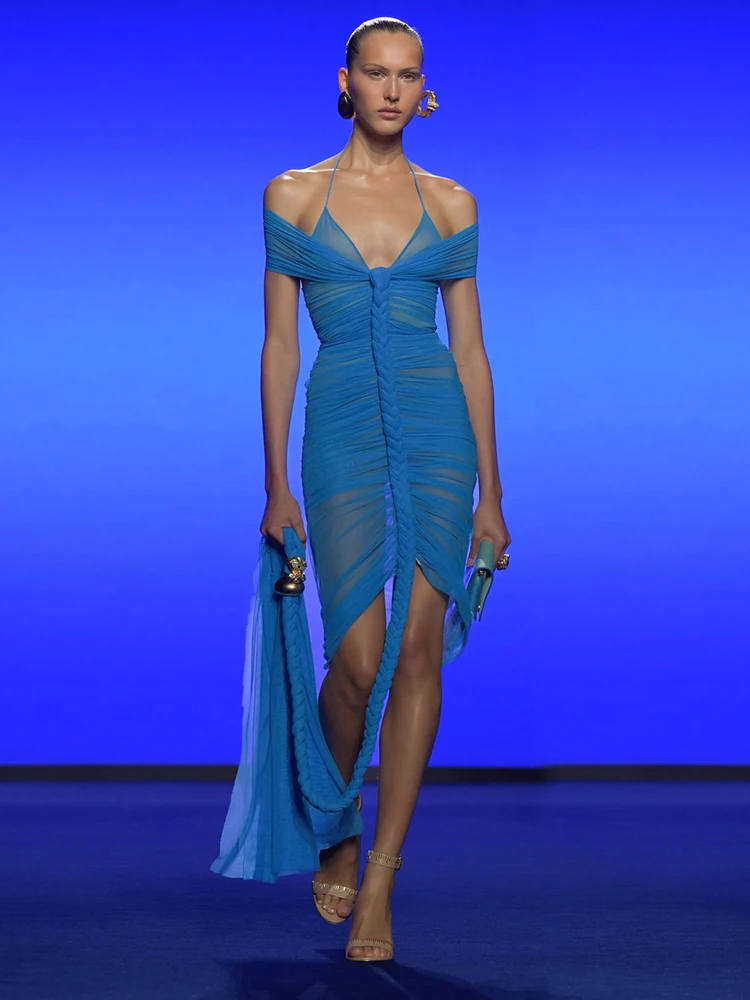 فستان مكشكش شبكي أزرق منسوج مثير - فستان حفلات برقبة رسن مكشوف الأكتاف مع فتحة عالية شفافة للحفلات والنوادي #5