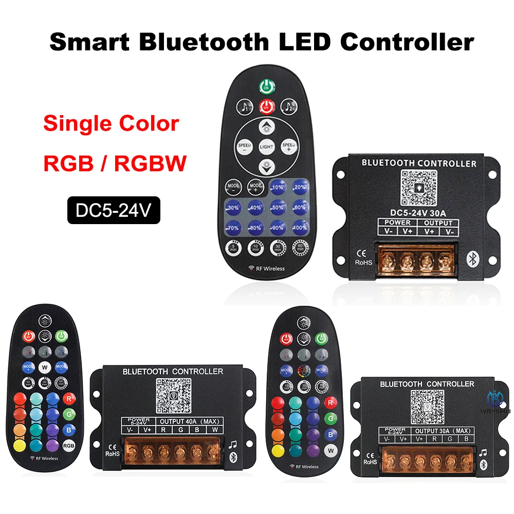 Smart Bluetooth DIM RGB RGBW Dimmer Controller DC 5V 12V 24V 30A and 29-Key Wireless RF Remote for 5050 2835 COB LED Strip Light
