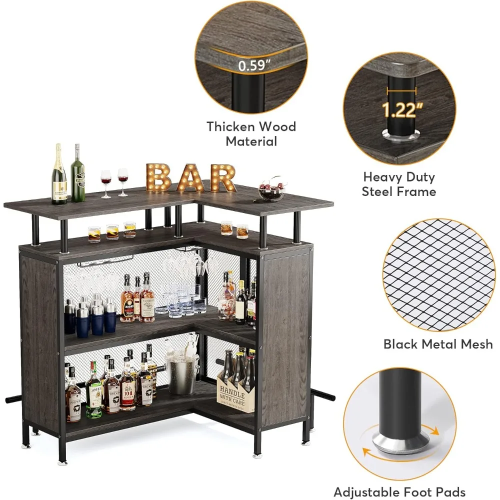 Tribesigns Home Bar Unit, L-shaped Bar Table with Stemware Racks and 2-tier Shelves, Corner Mini Coffee Liquor Cabinet with Foot