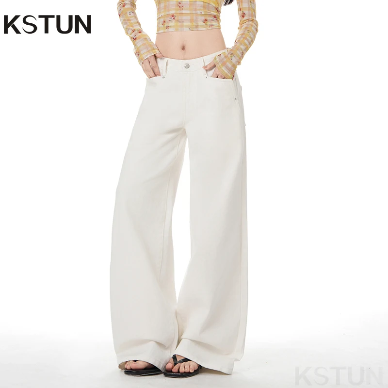 

KSTUN Low-rise Beige Wide Leg Jeans For Women 100% Cotton Baggy Pants Loose Slimming Look Casual Turnover Pockets Design Trouser