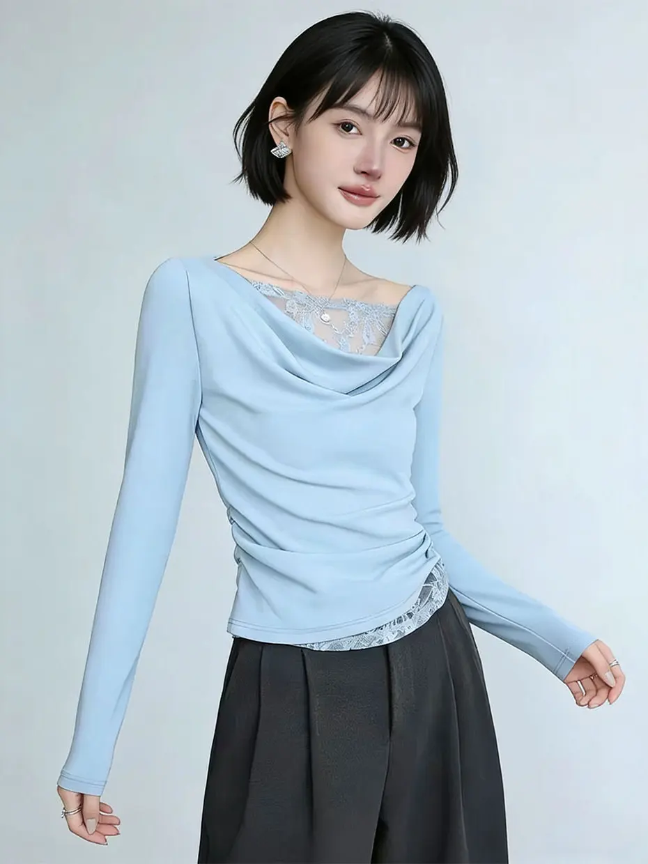 French Style Lace Patchwork Short Sleeveless Women's T-shirt Slim Fit Long Sleeve Spring Autumn Top Elegant Atmosphere