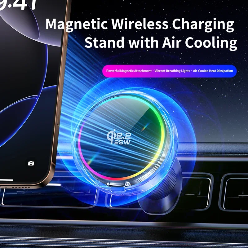 Air Cooling Car qi2.2 25W Magnetic Wireless Charger RGB Light Phone Holder For Magsafe iPhone 17 16 Pro Max Fast Charging Mount