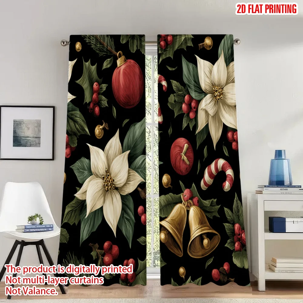 

2pcs 2D flat printing Christmas Party Curtains Christmas Poinsettia Holly Bells Digital Printed Polyester Drapes Party