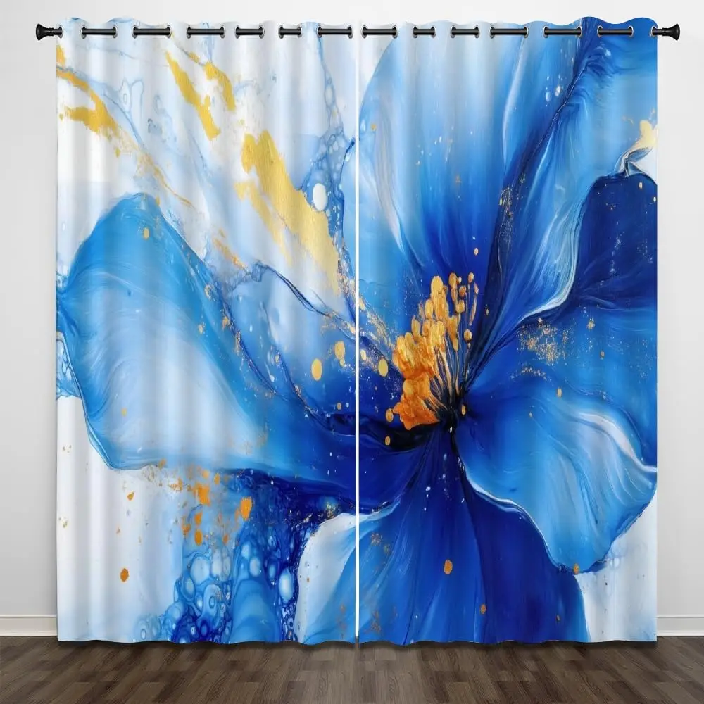 Abstract Blue Gold Fluid Flower Blackout Curtains Luxury Art Thermal Window Drapes for Living Room Decor