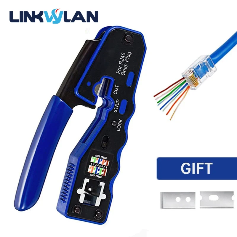 Linkwylan RJ45 Crimp Tool Pass Through Crimper Cutter for Cat6a Cat6 Cat5 8P8C Modular Connector Ethernet All-in-one Wire Tool