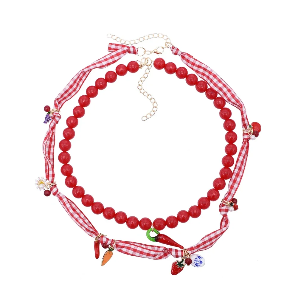 Cute Red Double Layer Bead String Chili Carrot Strawberry Grape Pendant Necklace New Trendy Vegetable Fruit Women's Neck Jewelry