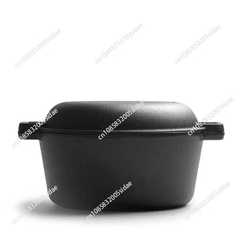 2 In 1 Cast Iron Dutch Oven Baking Bread Pot Multifunctional Deepened Frying Stewing Casserole With Dual Handles For Kitchen
