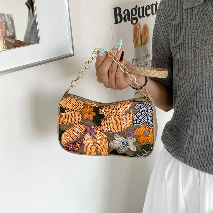 Retro Embroidered Sequins Shoulder Underarm Bag Chinese-style Women's Casual Hobos Purses and Handbag Ladies Hand Bag Clutch Bag