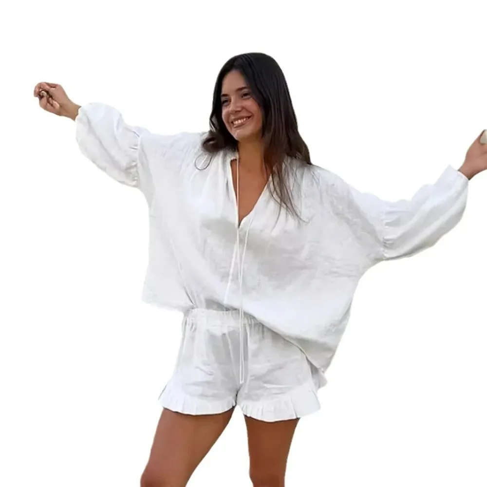

Женский элегантный летний комплект из двух предметов: однотонный повседневный свободный костюм с шортами, женская одежда