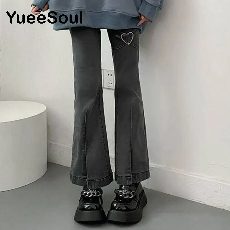 Love Metal Gray Women Jenas High Waist Flares Pants 2022 New Fashion Y2K Vintage Cute Sweet Casual 2000s E girl Female Clothes