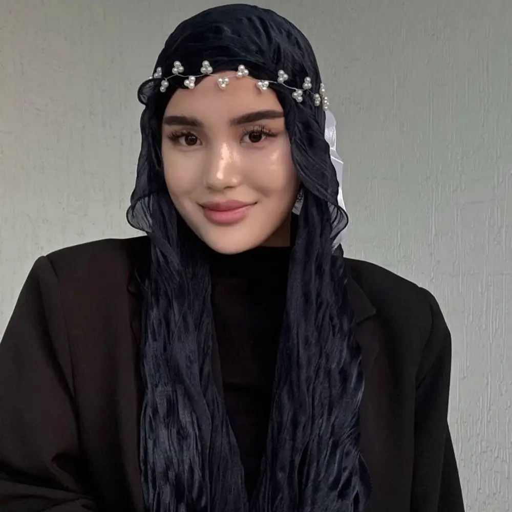 Fashion Solid Color Silk Scarf Shining Chiffon Chiffon Hijab Veil Soft Ruffled Edge Ramadan Long Scarf Outdoor