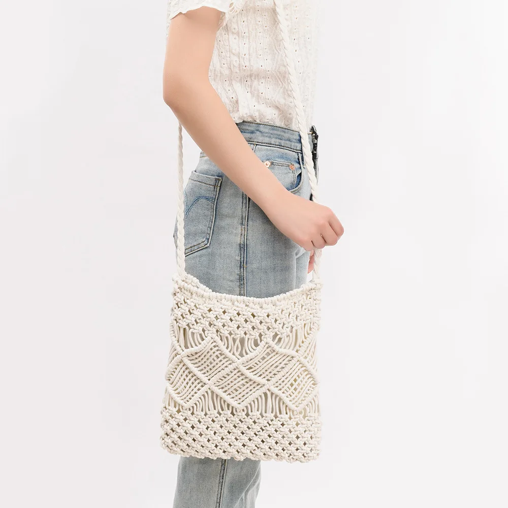 

2025 тканая хлопковая нить ручной работы, сумка через плечо на одно плечо для женщин, пляжная сумка для отдыха, дорожная сумка, мягкий одинарный плечевой ремень