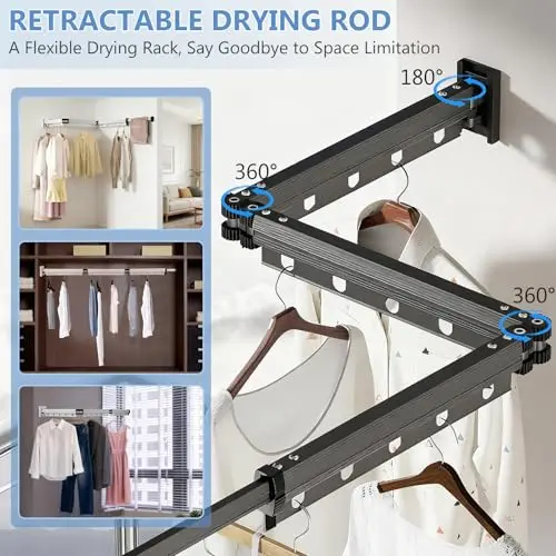 

Grey 3-Section Foldable Wall-Mounted Retractable Laundry Drying Rack For Balcony Indoor Bathroom Space Saving