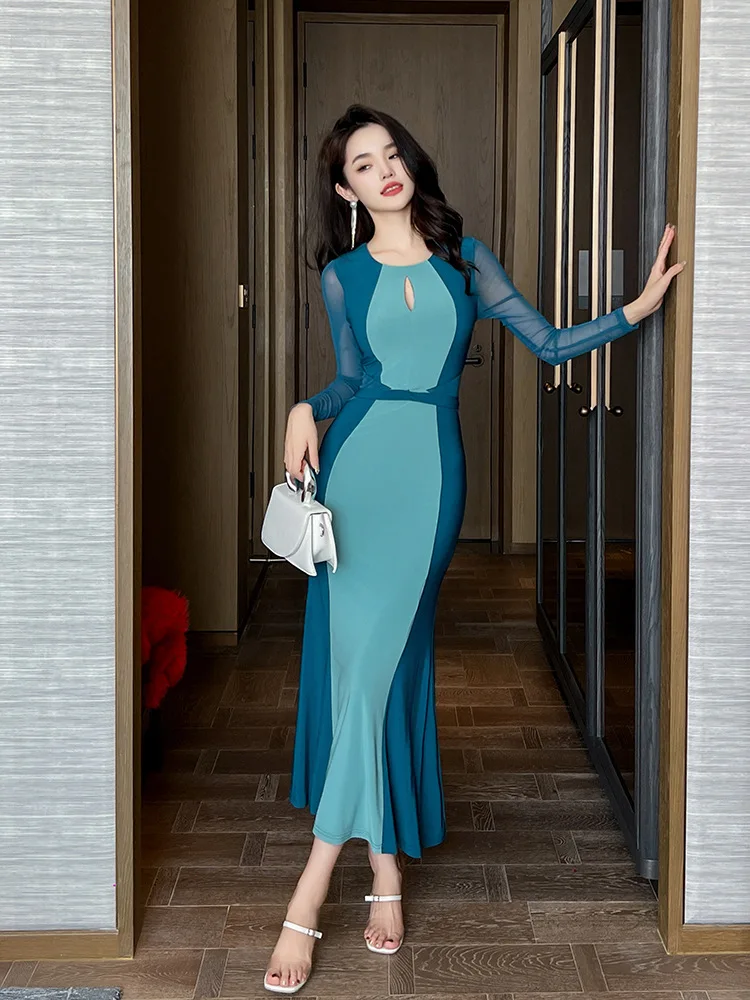 

Coigarsam Women's Dress New French Style Sexy Solid Panelled Zipper O-Neck Mesh Peacock Blue Dresses