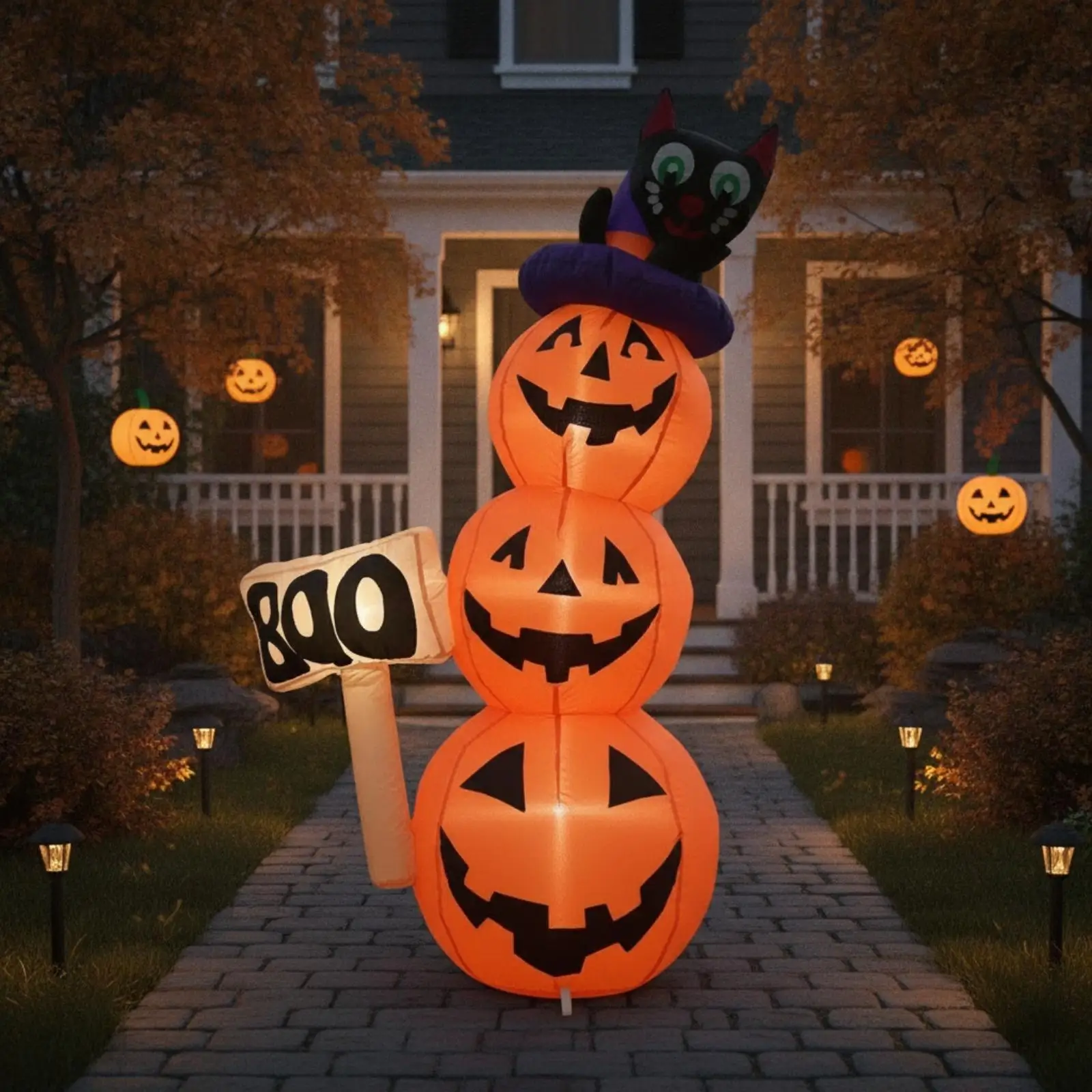 Stacked Pumpkin Inflatable Self-Inflating Halloween Inflatable Pumpkins Spooky Pumpkins with Magician's Hat for Families,