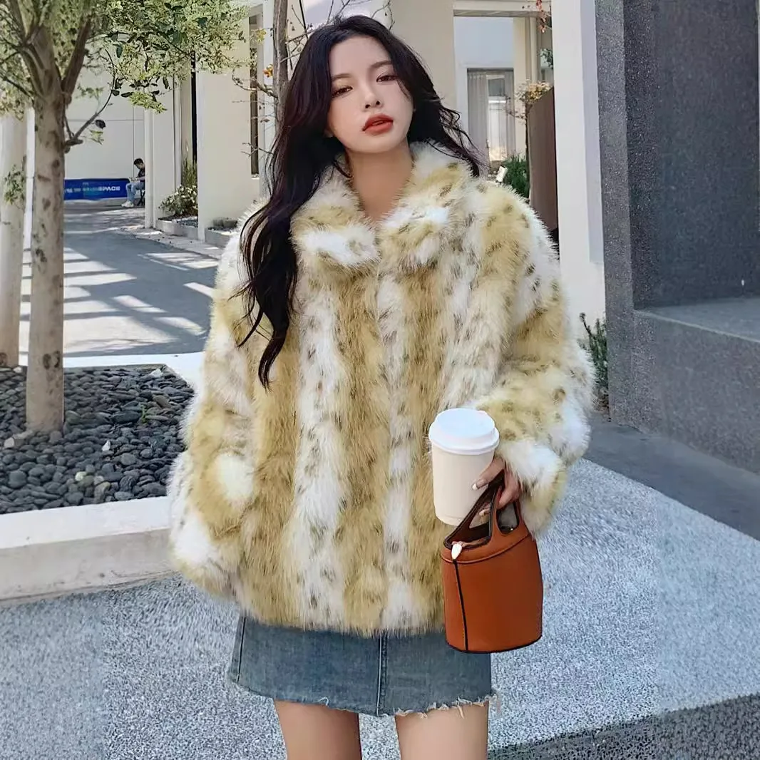 

Winter Lynx-Print Fluffy Fur Jacket Warm Women's Clothing Faux Fur Coats Leopard-Print Fuzzy Coat New Toka Plush Thick Trendy
