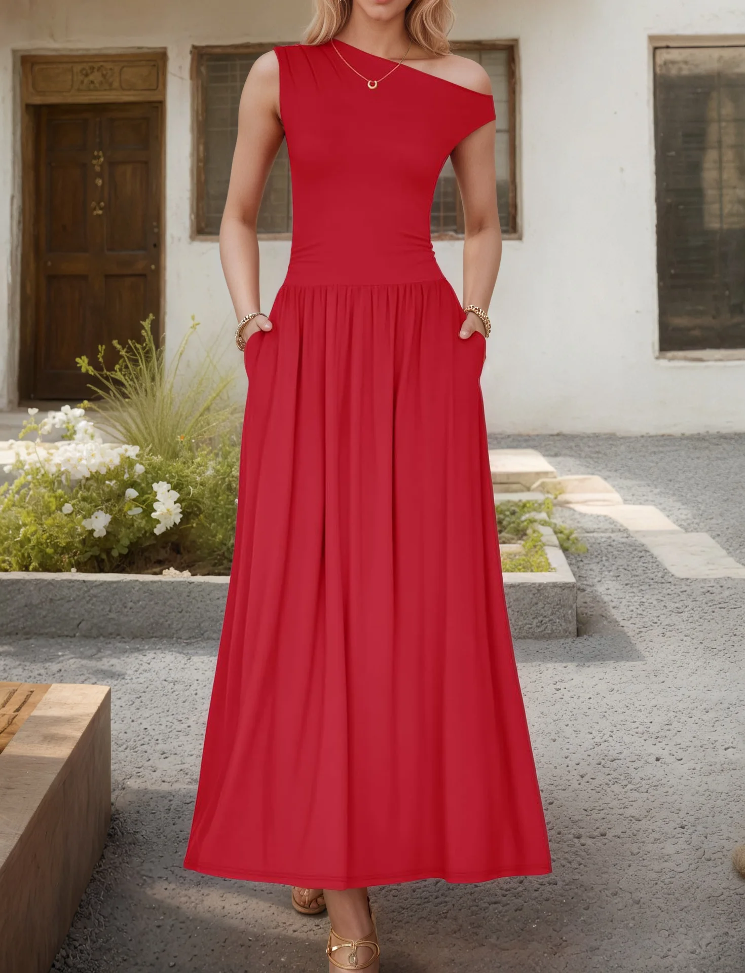 2025 여름 신상 여성용 하이엔드 사선 숄더 포켓 슬림핏 민소매 롱 이브닝 드레스