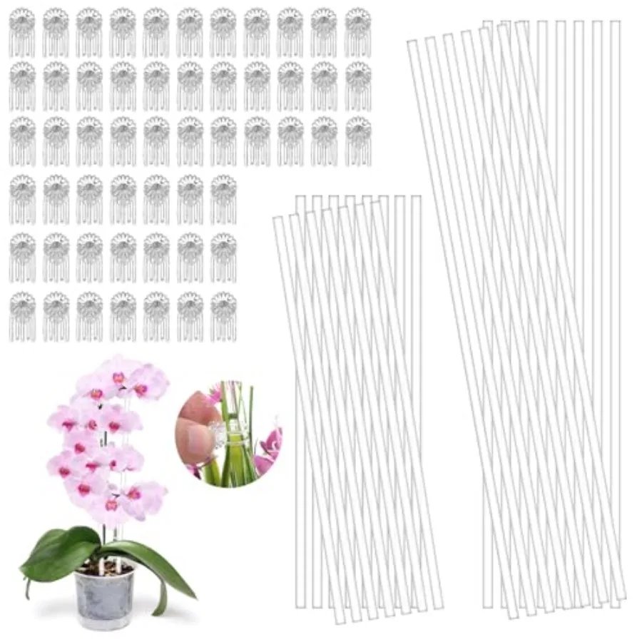 50 Pcs Plant Support Stakes Kit, 11 and 16 Inch Clear Acrylic Plant Stakes with 60 Clips, Reusable Garden Stake for Orchids, To