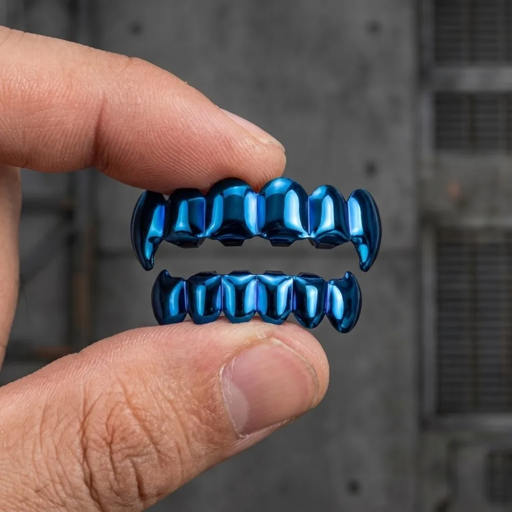 Blue Colorful Teeth Grillz Top Bottom Set Glossy Finish Eco-friendly Copper Teeth Grillz Caps Shiny Hip-Hop Teeth Jewelry Events
