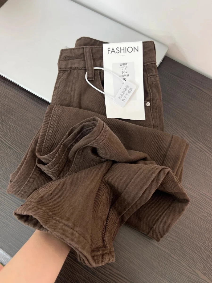 American vintage Brown Straight Jeans Women Spring 2024 New High Waist Slimming Loose Wide Leg Coffee Color Pants