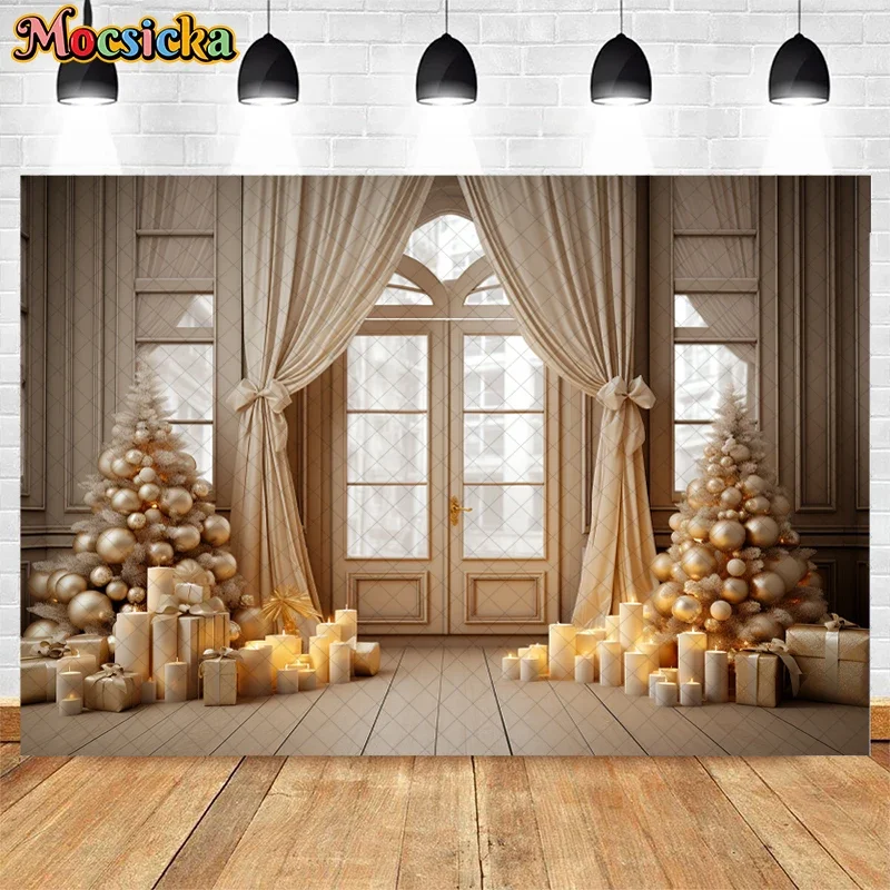 Mocsicka ฉากหลังภายในแบบวินเทจสำหรับถ่ายภาพคริสต์มาสงานปาร์ตี้ต้นไม้ของขวัญคริสต์มาสของเด็กครอบครัวฉากหลังสตูดิโอถ่ายภาพ