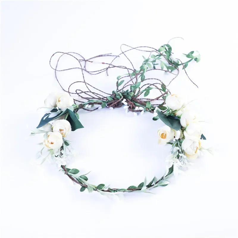 Faux Rose Rattan Flower Crown Hairband Floral Garland Headband Wedding Beach Decorate Photo Props Women Girl Hair Accessories