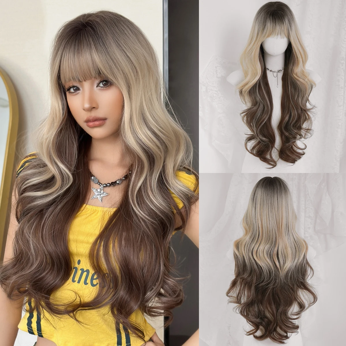 

7JHH WIGS Long Body Wave Blonde Ombre Chocolate Wig for Women Synthetic Modest Fashion Wear and Go Gray Wigs with Dark Roots