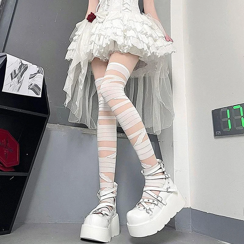 Neue Mode ultra dünne Frauen würzige Mädchen Bandage Streifen lange Socke weibliche japanische Lolita JK sexy Sommer Cross Tube weiße Strümpfe – Detail 3