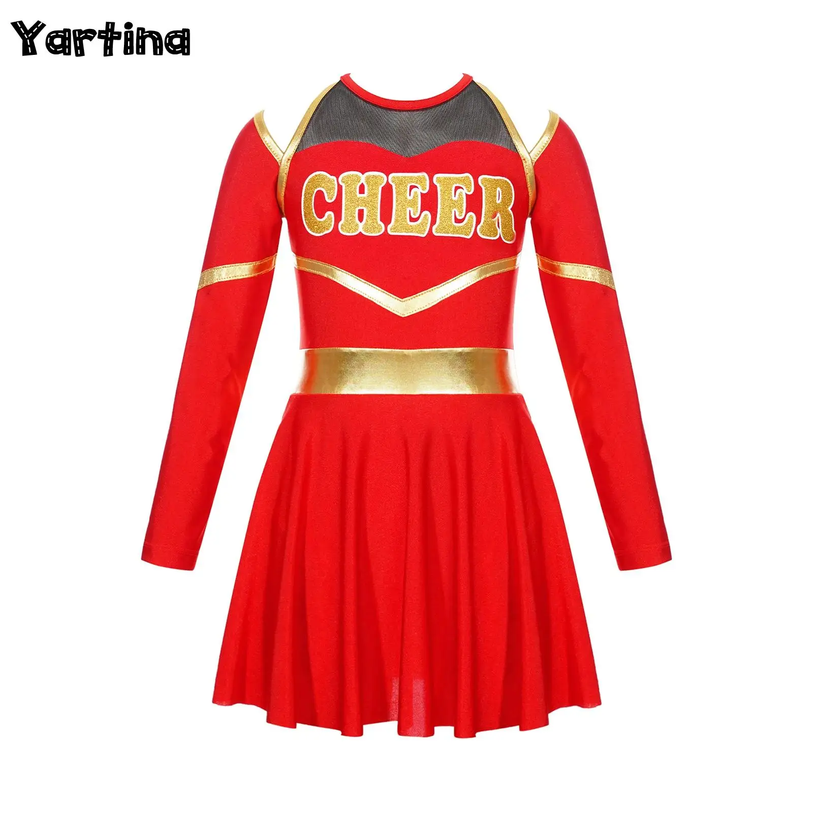 Girls Cheerleading Uniform Ballet Dance Outfits Costume Letter Print Cold Shoulder Keyhole Back Long Sleeve Leotard Dress