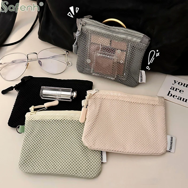 New Travel Makeup Storage Bags Mesh Coin Purse Simple Portable Mini Bag Multi-purpose Square Bag Double-layer Zipper Card Holder
