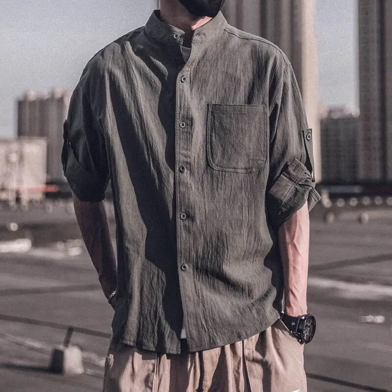 남성용 리넨 및 코튼 그린 포켓 셔츠, 일반 한국 스타일, 소매 칼라 S, 캐주얼 I, 단추 