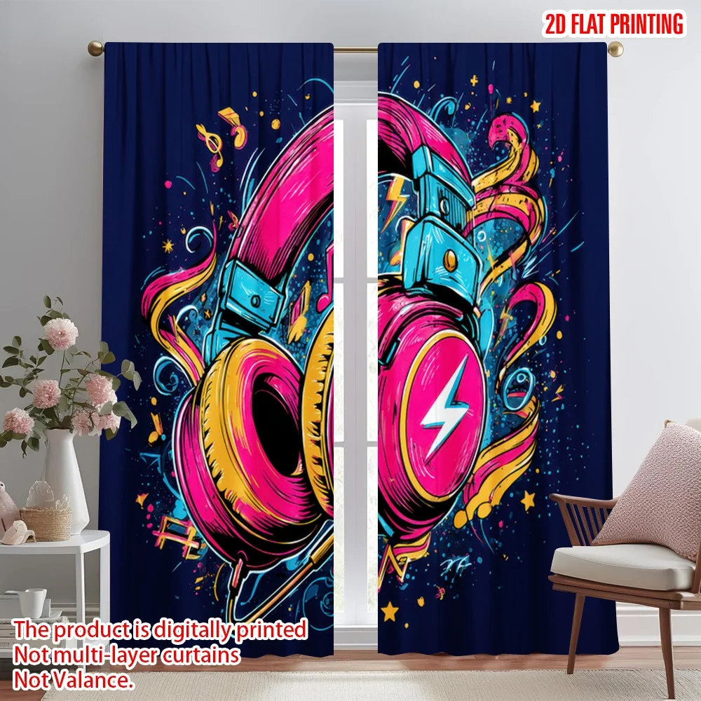 

2D flat printing 2pcs Party Window Curtains Vibrant Headphones Digital Printed Polyester Drapes Party Decorations Use for