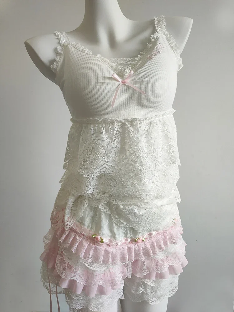 Conjuntos de 2 piezas para mujer, Tops cortos con lazo, pantalones cortos de cintura elástica, conjunto de fondo de encaje multicapa para niña dulce, trajes Kawaii