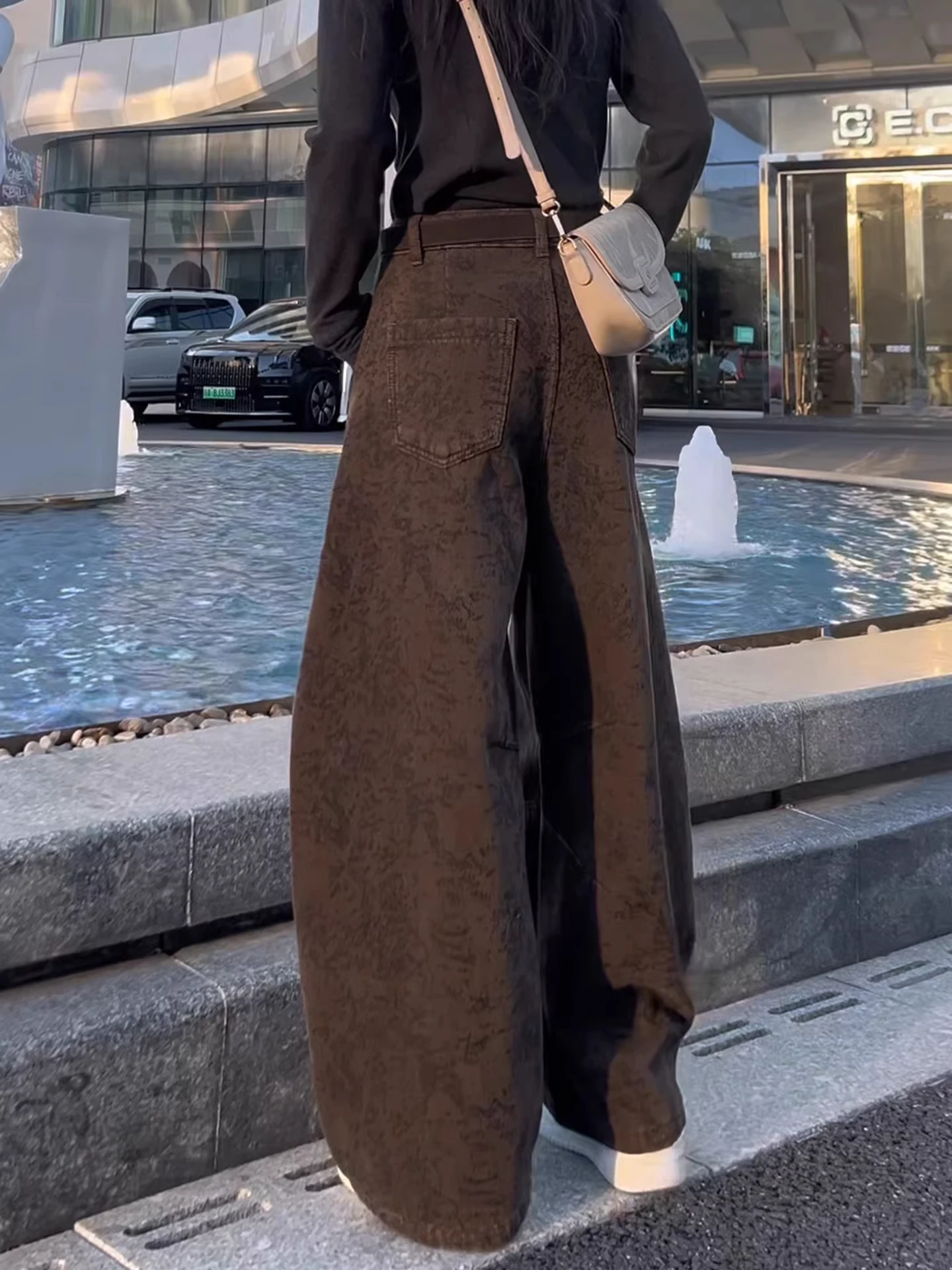 

Cé Brown Vintage Knit Wide Leg Knife Jeans Women's Loose Drapey Straight Floor-Length Pants High Waist ket Detail