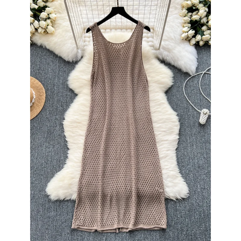 INS Frauen Sommer gestrickt schick Reißverschluss Boho sexy Split Tank langes Kleid lässig aushöhlen elegante Tunika Strand Urlaub Kleid