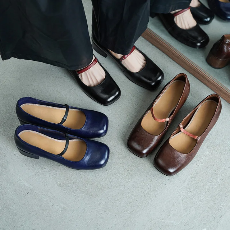 

Women's Luxury Mary Jane Flats with Square Toe Elegant Retro Princess Shoes: French Craftsmanship in Elegant Equestrian Leather