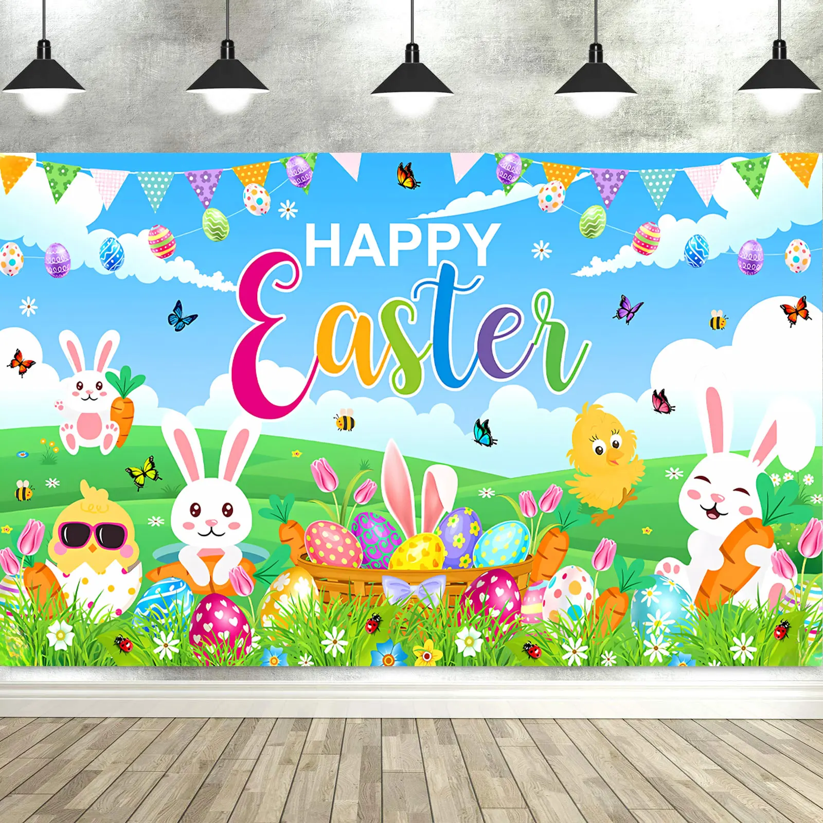 

Spring Easter Backdrop Photography Colorful Eggs Rabbit Flower Background Party Supplies Banner Decor Studio Props