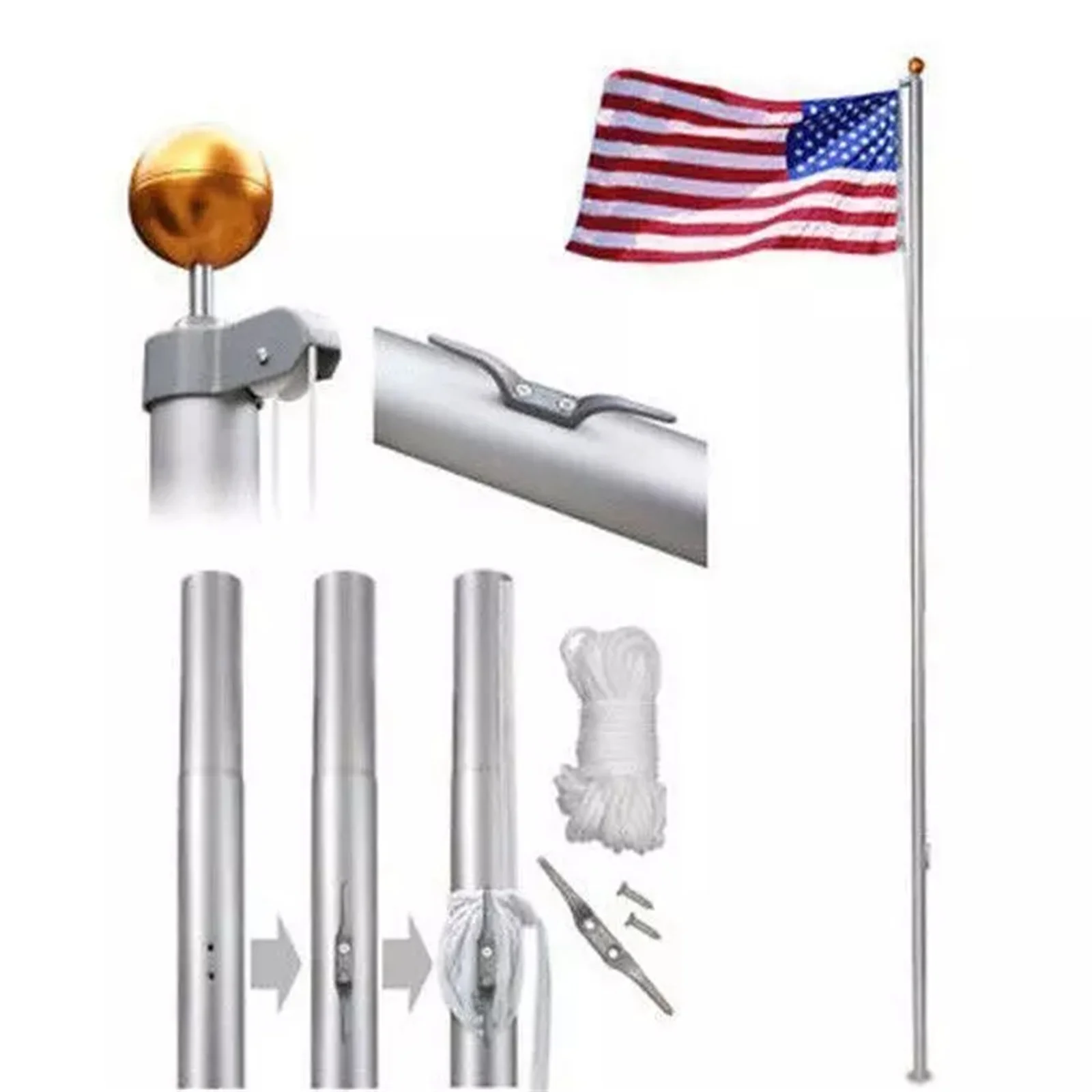 Heavy Duty Aluminum 20' Sectional Flag Pole Kit w/ 3' x 5' US Flag Gold Ball Kit