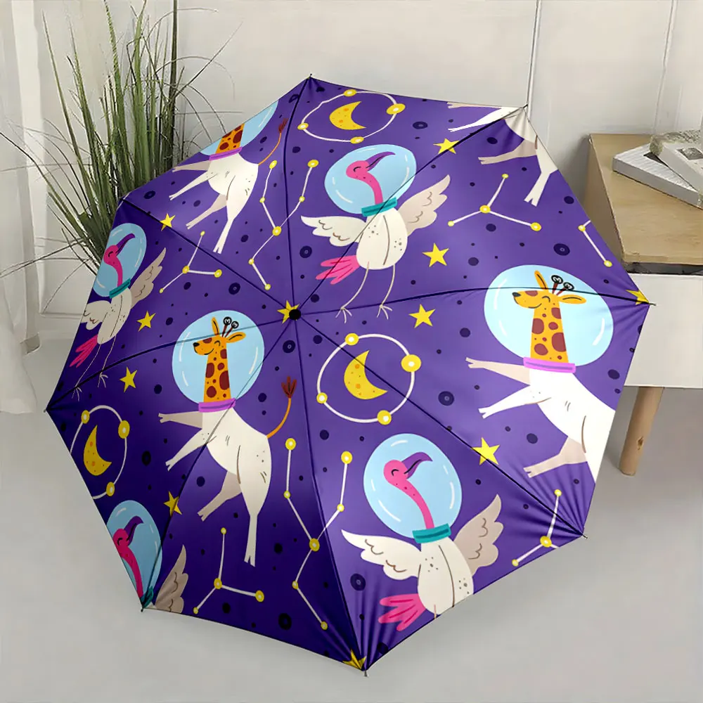 1PC Space Theme Cartoon Umbrella with Giraffe and Flamingo Art Print 8 Iron Ribs Folding Umbrella Auto-Open Fashion Sunshade