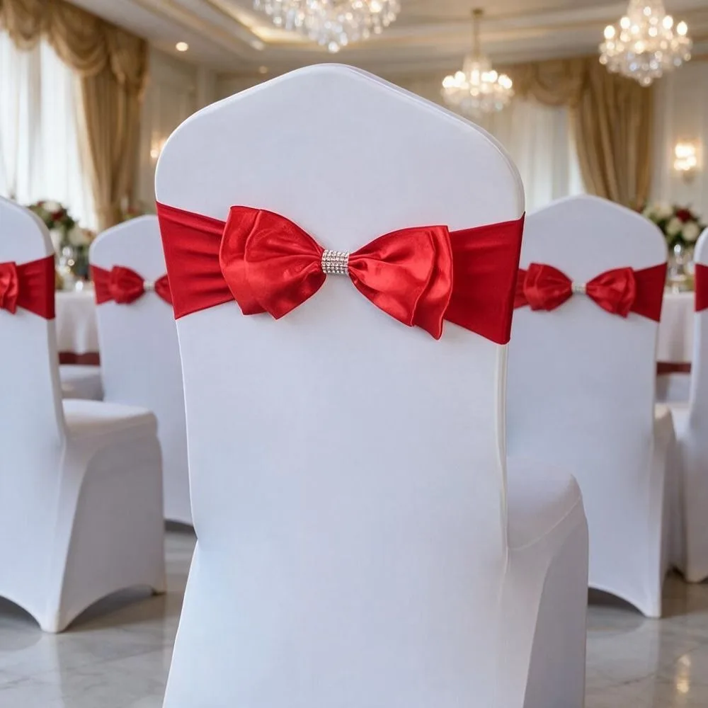 10PCS Spandex Band Satin Bow Chair Sash Elastic Double Layer Chair Bowknot Decorations Free Tie Solid Color Chair Bow Ties