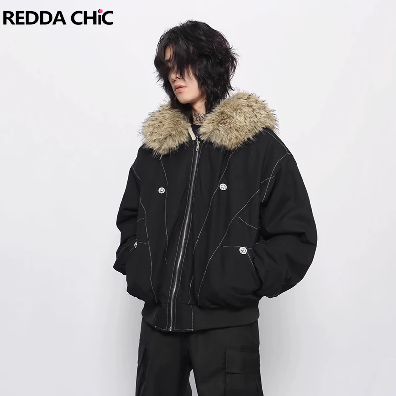

REDDACHiC Men's Thick Fleece Bomber Jacket Hip Hop Cleanfit Button Decor Full Zip Fuzzy Hooded Cotton Coat Punk Retro Outerwear