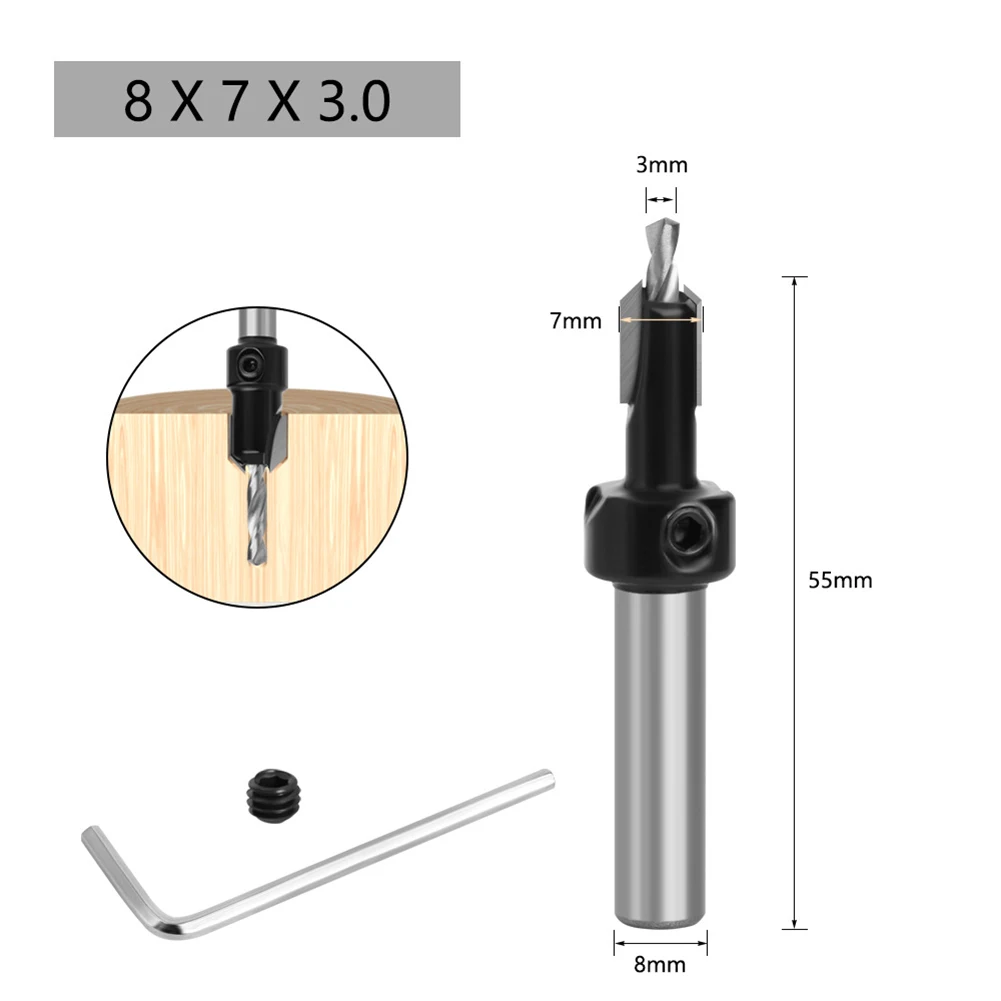 8mm Shank HSS Countersink Router Bit for Woodworking with Wear Resistant Hard Alloy Blade and External Cooling Technology