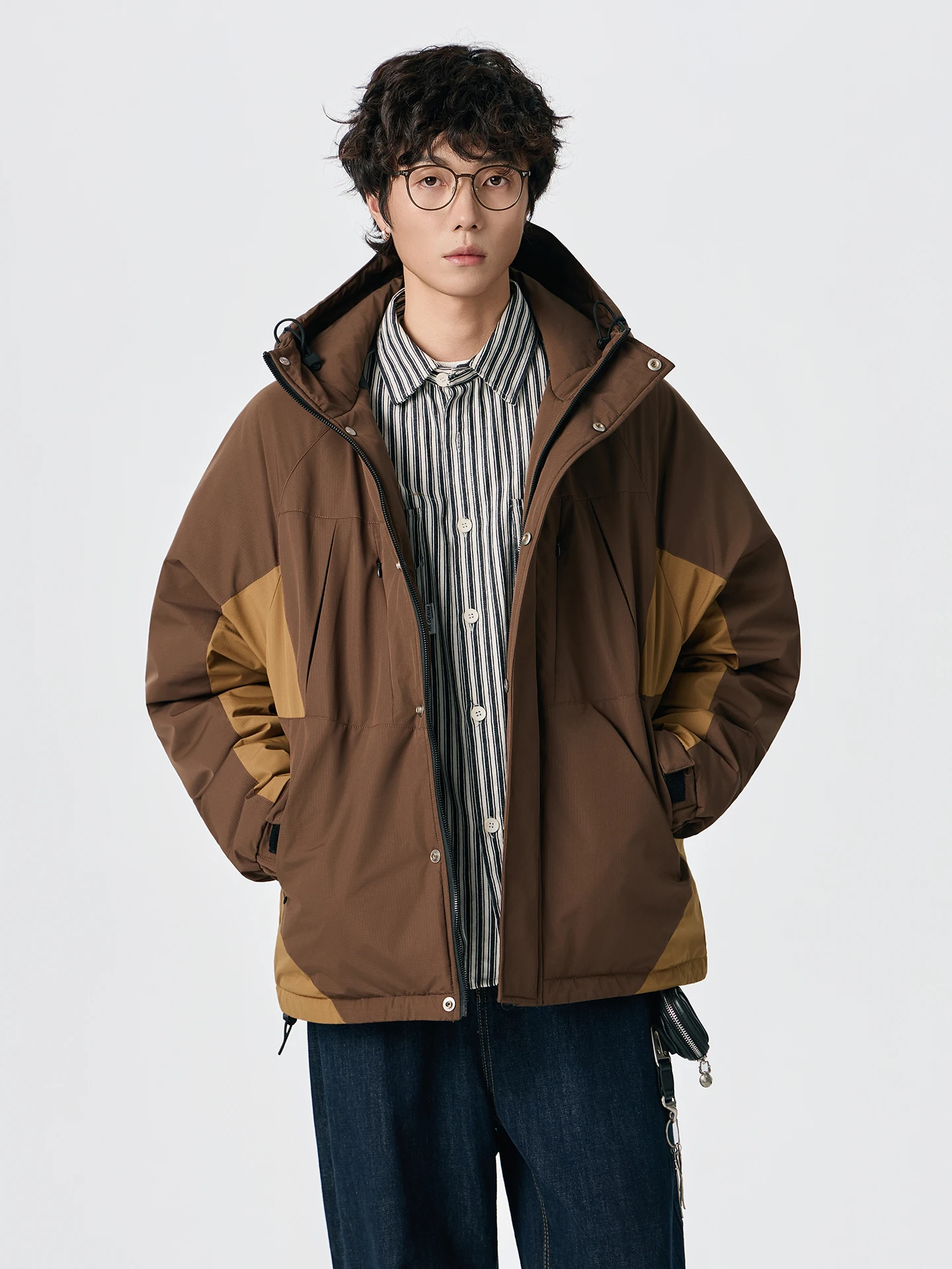 

American Retro Color Blo Hooded down Jaet Men's Winter Du Feather Loose Versatile Cold Proof Outerwear