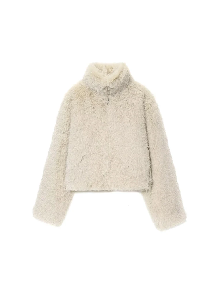 

European style new women's clothing, fashionable, versatile, elegant, simple solid color faux fur effect short coat jacket.